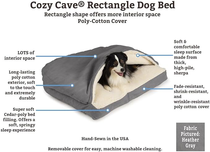 Snoozer Rectangle Cozy Cave Dog Bed - Indoor Dog Bed with Cover Cave, Covered Calming Burrow for Small Sized Pets with Blanket Attached, Enclosed, Washable - Small, Heather Gray