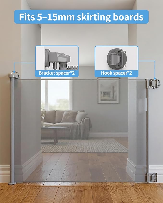 (2 Pack) Retractable Baby Gate for Doorways and Stairs, Mesh Safety Gate for Pet, Indoor & Outdoor Use, One-Hand Operation, Easy Installation, 33.6" Tall, Expands to 55" Wide（Grey,33.6"x55"