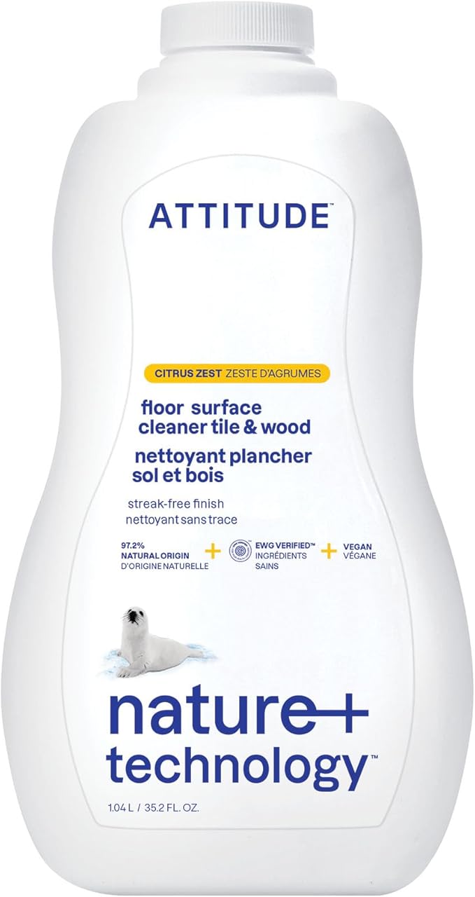 ATTITUDE Floor Cleaner, EWG Verified, Streak-Free, Vegan & Plant-Based for Tile, Wood & Laminate Floors, Citrus Zest Scent, 35.2 Fl Oz