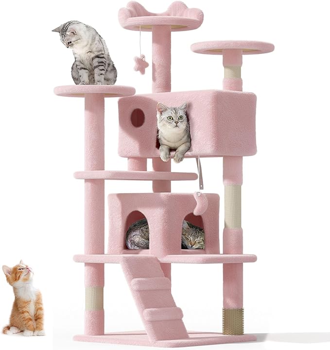 54" Cat tree Tower for Indoor Cats Large Adult,Cute/Tall Modern Cat Tree for Big Cats 20 lbs,Plush Multi-Level Cat Condo with Scratching Posts, Dangling Ball for fun play (Soft Pink, 54 inch)