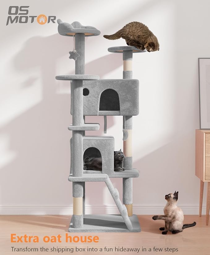 60'' Cat tree Tower for Indoor Cats Large Adult,Cute/Tall Modern Cat Tree for Big Cats 20 lbs,Plush Multi-Level Cat Condo with Scratching Posts,Dangling Ball for fun play(Light Gray, 60 inch)