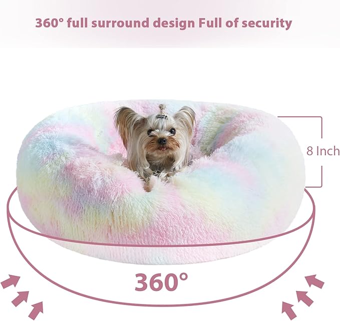WNPETHOME Calming Dog Bed Cat Bed Donut, Faux Fur Pet Bed Self-Warming Donut Cuddler, Comfortable Round Plush Dog Beds (27 x 27 x 8 Inch, Rainbow)