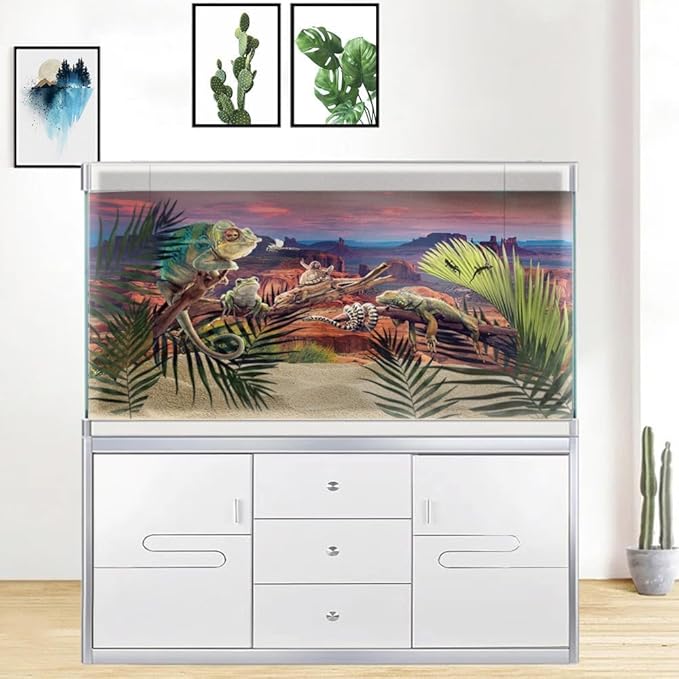 72X16IN Desert Loess Rock Cactus Oasis Reptile Habitat Background, Natural Sunset Desert Themed Terrarium Background, Aquarium Background with 10 EVA Double-Sided Tape