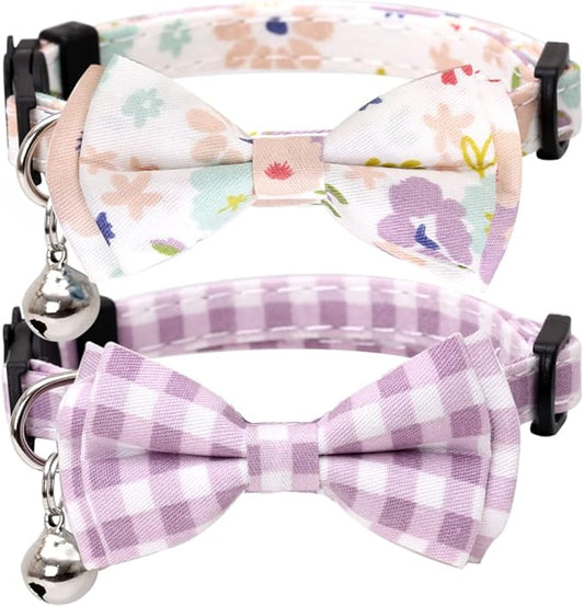 2 Pack/Set Cat Collar Breakaway with Cute Bow Tie and Bell Plaid Flower for Kitty Adjustable Safety