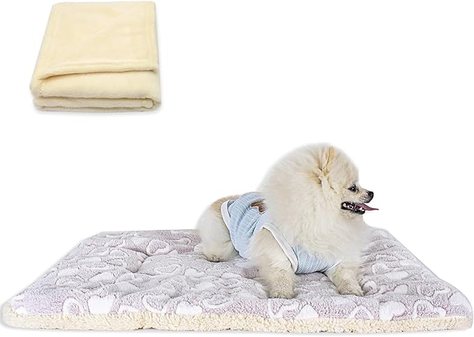 Cat Dog Bed Mat & Blanket, Reversible Pets Crate Pad Bed Mat and Ultra Soft Warm Fleece Calming Blanket for Small Puppy Kitty, Washable