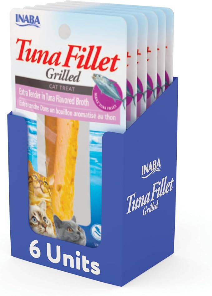 INABA Premium Hand-Cut Grilled Tuna Fillet Cat Treats/Topper with Vitamin E and Green Tea Extract, 0.52 Ounces Each, Pack of 6, Extra Tender Tuna Broth