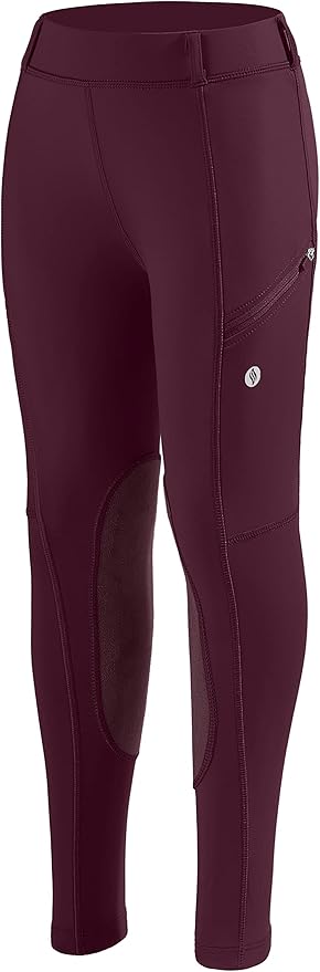 SANTINY Girls Horse Riding Pants with Zipper Pockets Kids Stretchy Equestrian Breeches Knee-Patch Youth Schooling Tights