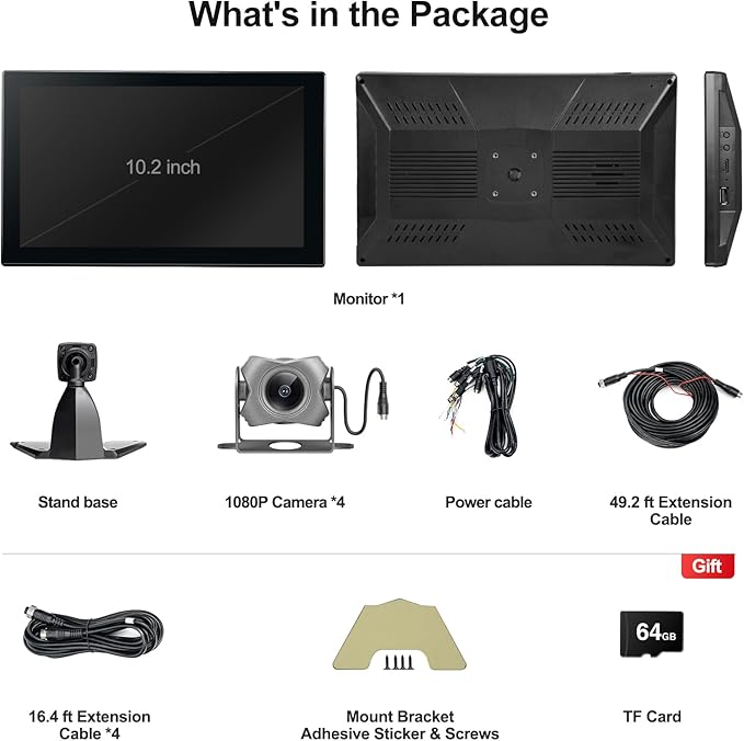4-Channel 1080P Backup Camera for Truck/RV/Semi Trailer/Van/Cars 10.2inch Touch Monitor with DVR Recording/Playback/Bluetooth/FM Radio/Music/Video Player