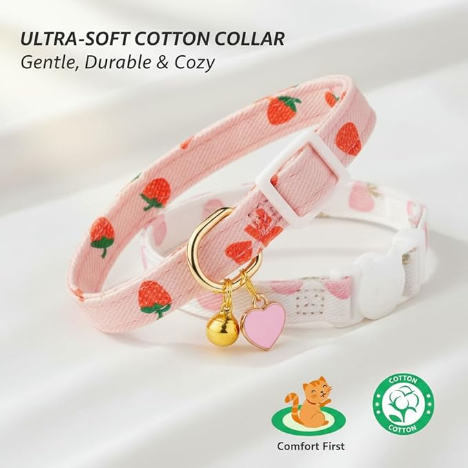 2-Pack Cotton Breakaway Cat Collar with Bell - Pink Strawberries & White Heart Pendant, Adjustable Soft Kitten Collar for Safety and Comfort