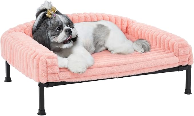 Veehoo Elevated Dog Bed with Bolster Cushion, Fluffy Plush Dog Couch Beds for Small Dogs, Cats, Washable Raised Pet Cot with Non-Slip Feet for Indoor or Patios Use, 30 x 20 Inches, Pink