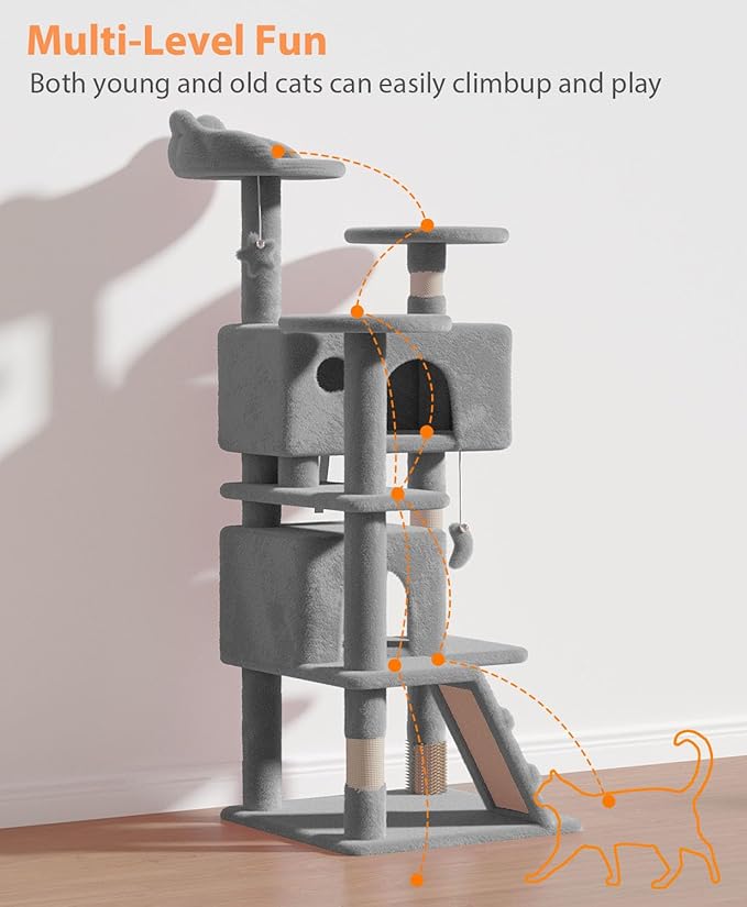54" Cat Tree Tower for Indoor Cats Large Adult,Cute/Tall Modern Cat Tree for Big Cats 20 lbs, Plush Multi-Level Cat Condo with Scratching Posts, Dangling Ball for Fun (Light Gray, 54 inch)