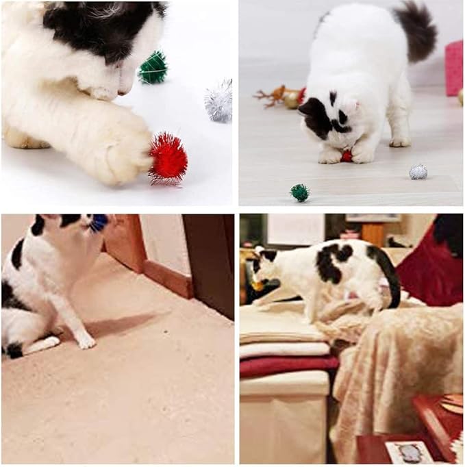 30Pcs 1.2inch/3cm Sparkle Balls for Cats - Interactive Toy Pom Pom Fuzzy Tinsel Cat Balls for Indoor Play (Mixed Colour)