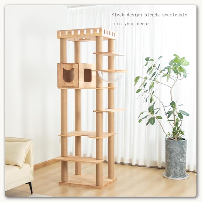74.8" Wooden Cat Tree Tower for Large Cats, Multi-Level Cat Climbing Furniture with Scratching Posts, Cat Condo & Hammock, Natural Wood Cat Activity Center (Brown)
