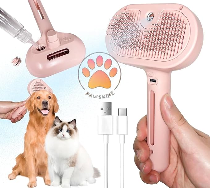 Cat steam brush – Effective Pet Brush for Indoor Cats, Steam Technology for Shedding, Mats & Grooming – Ideal cat brush indoor for Deep Cleaning (Pink)
