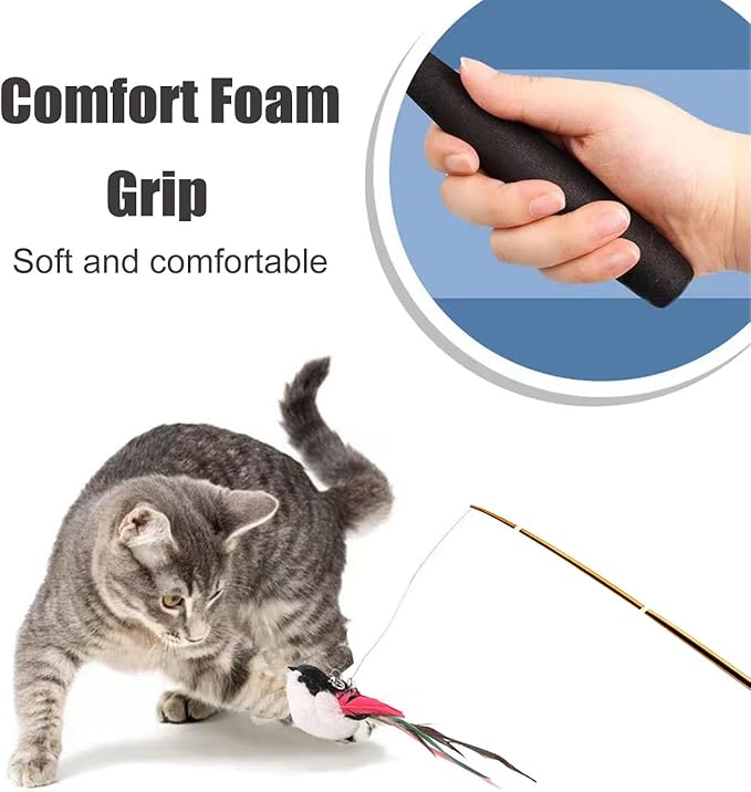 Interactive Cat Wand Toys Set, 2PCS Cat Teaser with 6 Replacement Birds, Feathers & Bells for Indoor Play