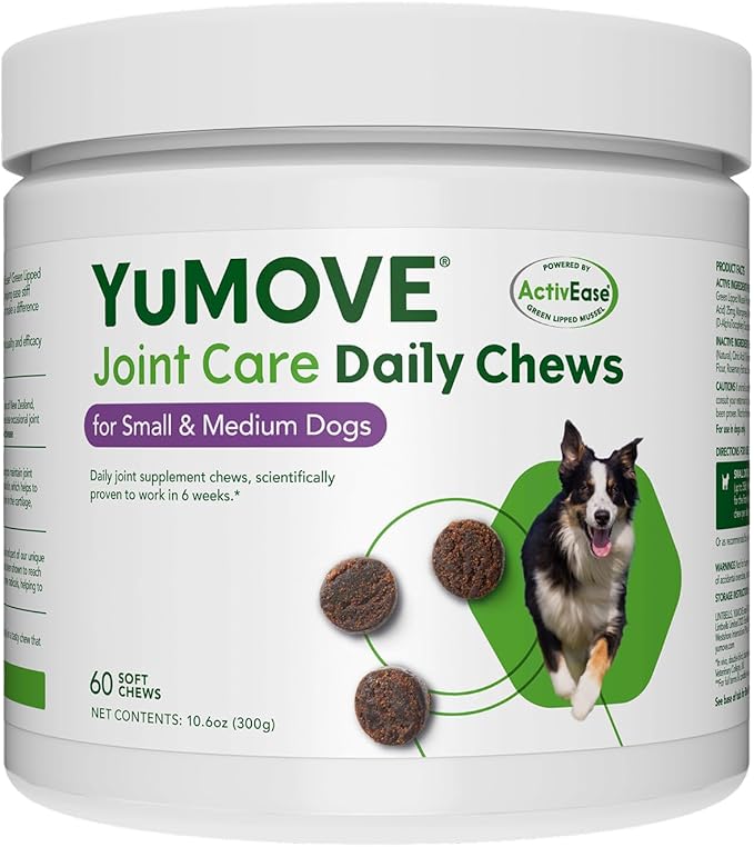 YuMOVE Hip & Joint Supplement for Dogs - With Glucosamine Chondroiton, Green Lipped Mussel , Hyaluronic Acid, and Omega 3 Joint Supplement for Stiffness and Mobility - 60 Chews (Small/Medium Dogs)
