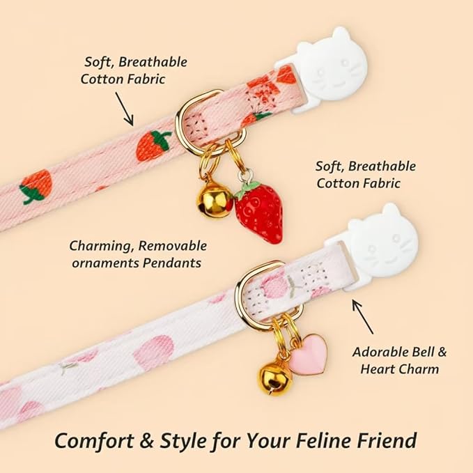 2-Pack Cotton Breakaway Cat Collar with Bell - Pink Strawberries & White Heart Pendant, Adjustable Soft Kitten Collar for Safety and Comfort