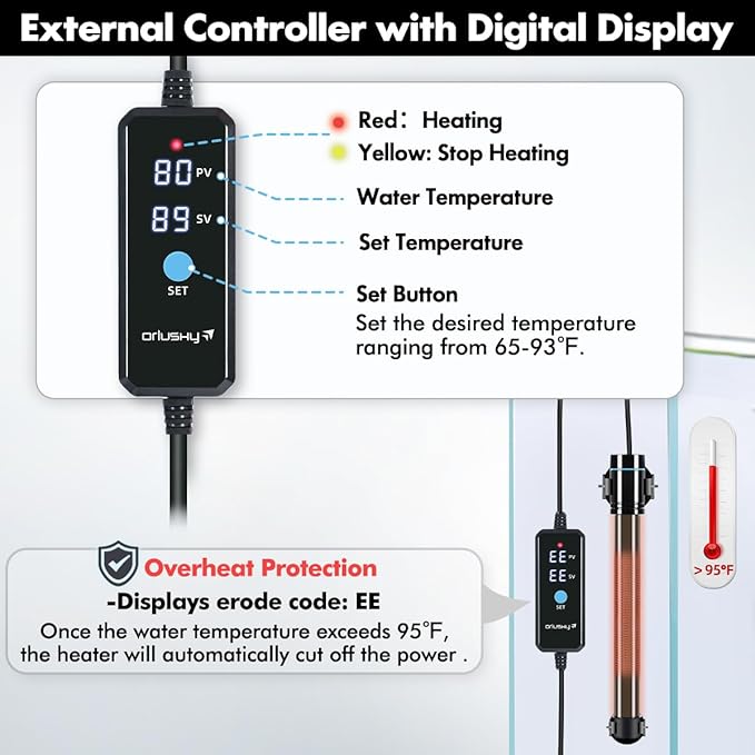 Orlushy 100W Submersible Aquarium Heater, Adjustable Fish Tank Heater with Digital Display External Controller, Overheat Protection and Free Thermometer for 10-20 Gallon Freshwater and Saltwater Tank