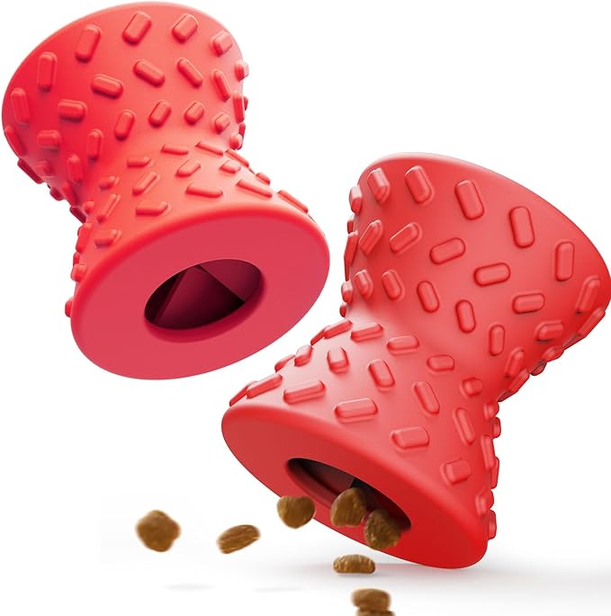 Puppy Toys, Dog Treat Toy for Traning, Interactive Toy, Treat Dispenser Toy,Natural Rubber Dumbbell Shaped, 2pcs(Red+Red)
