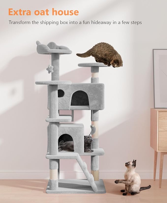 54" Cat Tree Tower for Indoor Cats Large Adult,Cute/Tall Modern Cat Tree for Big Cats 20 lbs, Plush Multi-Level Cat Condo with Scratching Posts, Dangling Ball for Fun (Light Gray, 54 inch)
