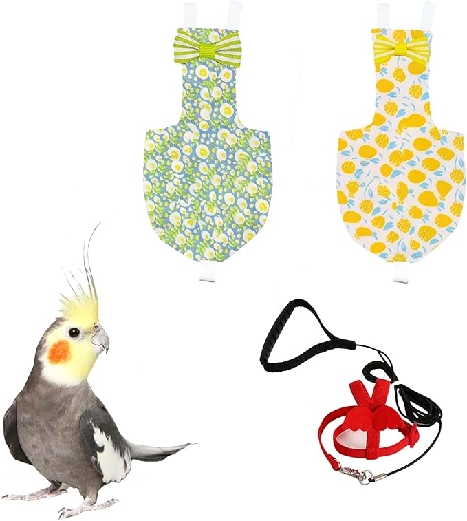 UKJENT Bird Diaper with 78 Inch Flying Leash - 2 Pack, Reusable Flight Suit with Waterproof Inner Layer, Washable Cute Urine Wet Suit for Cockatiel Monk Parakeet Sun Parakeet Lory(S)