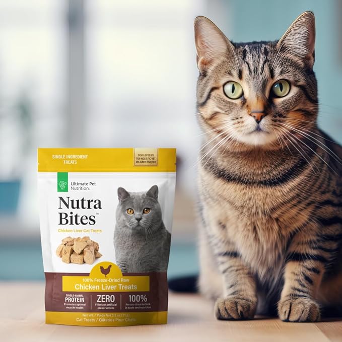 ULTIMATE PET NUTRITION Nutra Bites for Cats, Freeze Dried Raw Treats, Single Ingredient, Grain Free, (2.5oz, Chicken Liver)