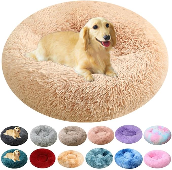 Dog Bed & Cat Bed for Small Medium Dogs, 27 Inch Calming Dogs Bed Anti-Anxiety Machine Washable Fluffy Luxury Anti-Slip Waterproof Pet Puppy Round Bed (Yellow)