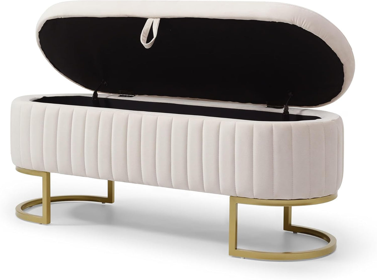 50" Sherpa Storage Ottoman Bench – Velvet Upholstered Bedroom Bench with Golden Metal Legs, Lift-Top Hidden Storage, Modern Footrest for Living Room, Entryway, Bed End (Beige)