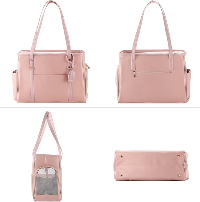 Fashion Dog Carrier Purse, Premium Leather Cat Carrier Bag, Airline Approved Soft Sided Pet Travel Tote Bag with Pockets Pink