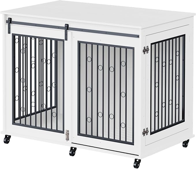 IchbinGo Large Dog Crate Furniture, 47" Wooden Dog Kennel with Sliding Barn Door, Flip-Top Lid & Wheels, Indoor Pet Crate Table with Detachable Divider for Small/Medium/Large Dogs (White)
