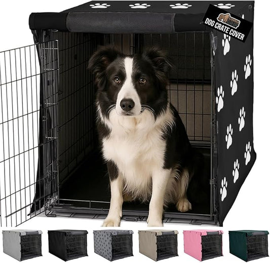GORILLA GRIP Dog Crate Covers Compatible with Amazon Basics Crates, All Sides Open, Privacy Cover Fits 36" Wire Kennel, Breathable Mesh Windows, Light Reducing Puppy Training Cage Topper, Black Paw