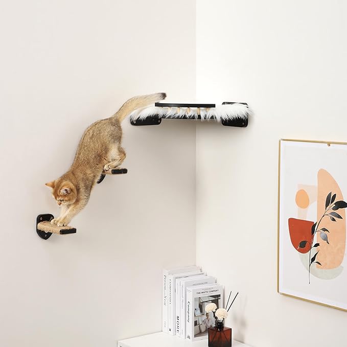 3 Pcs Cat Steps and Perches for Wall, Climbing Shelf With Hemp Rope, Wall-Mounted Furniture Set With Scratching Pads for Playing (Black)