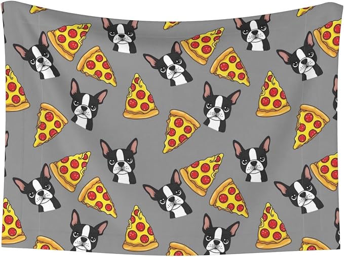 Double Sided Pet Mat for Dog Bed Topper Cat Blanket Furniture Protector, Grey Boston Terrier Dog Pizza, Reversible Plush with Tactile Dot Pattern for Style Change