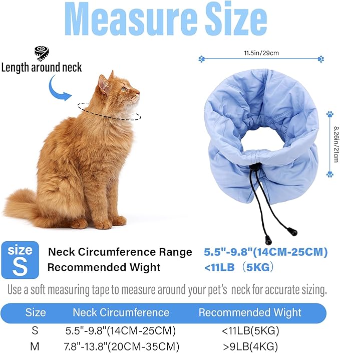 Cat Recovery Collar, Soft Adjustable Cone for Cats and Kittens, Lightweight Waterproof Elizabethan Collar for After-Surgery Care, Prevent Licking and Scratching, Neck Protector for Pets（Light Blue,S）