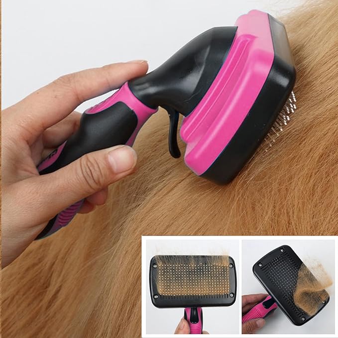 Dog Brush Kit for Grooming Short & Long Haired Dogs & Cats, 4-in-1 Pet Grooming Set with Self-Cleaning Slicker Brush, Deshedding Tool, Shampoo Bath Comb, Massge Comb (Pink Black)