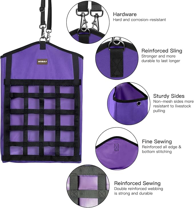 Hay Bags for Horses,3 Packs Slow Feed Hay Bags for Goats,Sheep,Donkey,Premium Oxford Hay Feed Bags with Front Hay Nets Design, Easy to Fill and Hang with Large Opening (2Purple + 1Black)