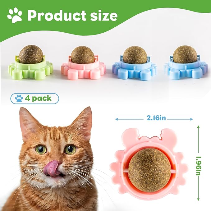 4 Pack Catnip Balls Roller Wall Ball for Cats Spinning Catnip Station Licking Balls Organic Cat nip Chew Ball for Teeth Cleaning & Play