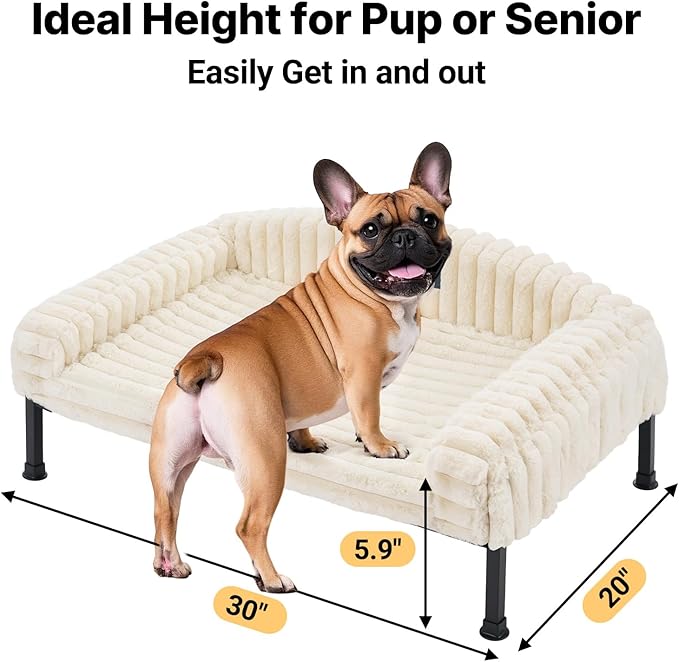 Veehoo Elevated Dog Bed with Bolster Cushion, Fluffy Plush Dog Couch Beds for Small Dogs, Cats, Washable Raised Pet Cot with Non-Slip Feet for Indoor or Patios Use, 30 x 20 Inches, White