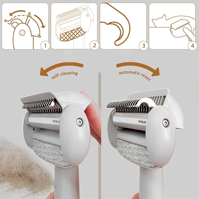 Self Cleaning Grooming Brush for Shedding Pets Rake Gently Removes Loose Undercoat Mats Tangled (White)