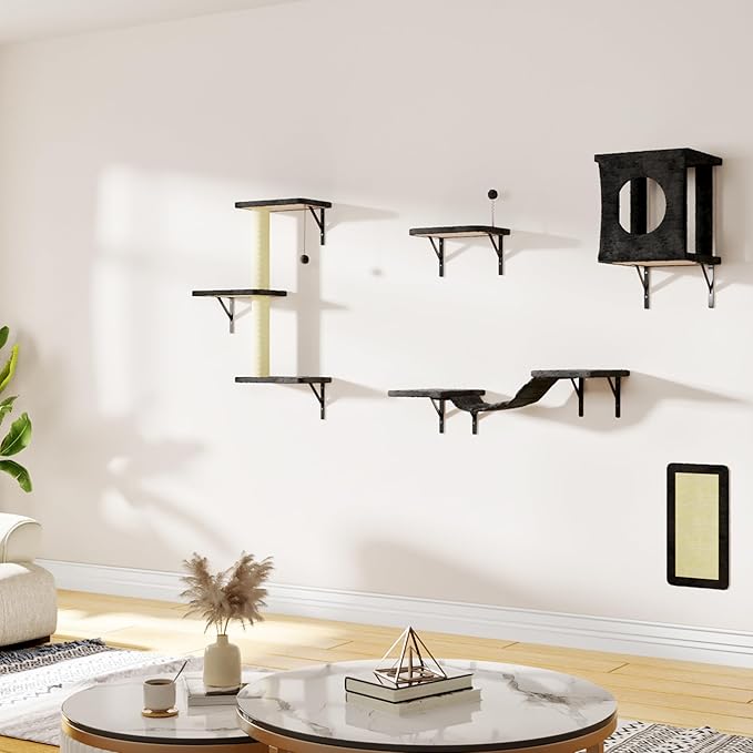 NUNU LAB Cat Wall Shelves, 10-in-1 Wall-Mounted Cat Furniture Set, Large Cat Climber Set with House, Bridge, Steps, Scratcher, DIY Playground, Shelves for Indoor Wall Furniture Set - Black