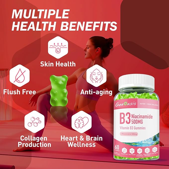 Niacinamide 500mg Gummies, Chewable Vitamin B3 Supplement with Resveratrol 500mg, High Potency Niacin for Antioxidant, Skin & Brain Health, Immune Support, Vegan Apple Flavor, 60 Count