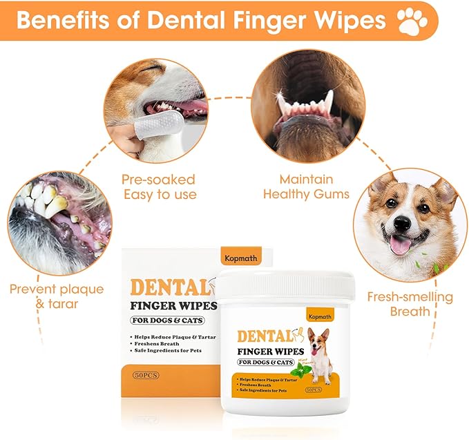 Dental Care Finger Wipes for Dogs & Cats, Reduces Plaque & Tartar, Freshens Breath, Pre-Soaked Pet Teeth Wipes, Easy to Use Disposable Oral Cleaning Pads,Mint Flavor,100pcs