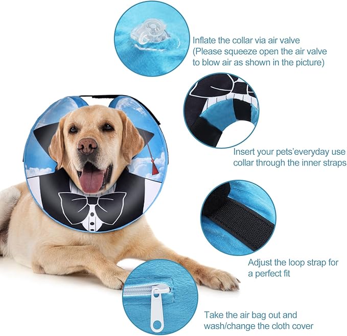 CuteBone Inflatable Dog Cone with Removable Soft Fleece Covers for Small/Medium/Large Dogs and Cats Neck Donut Collar After Surgery GWB13L