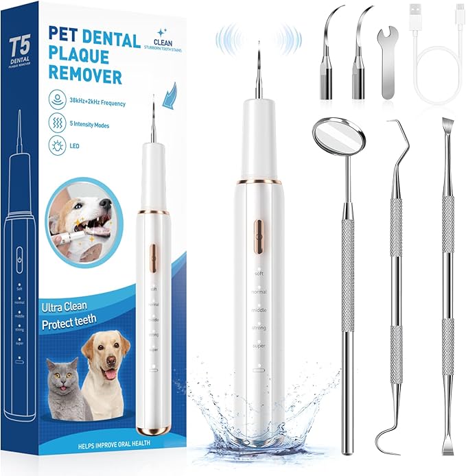 Electric Dog Plaque & Tartar Remover - Pet Teeth Cleaning Kit with LED Light, 5 Adjustable Modes, Safe and Low Noise – Easy Home Dental Care for Dogs and Cats