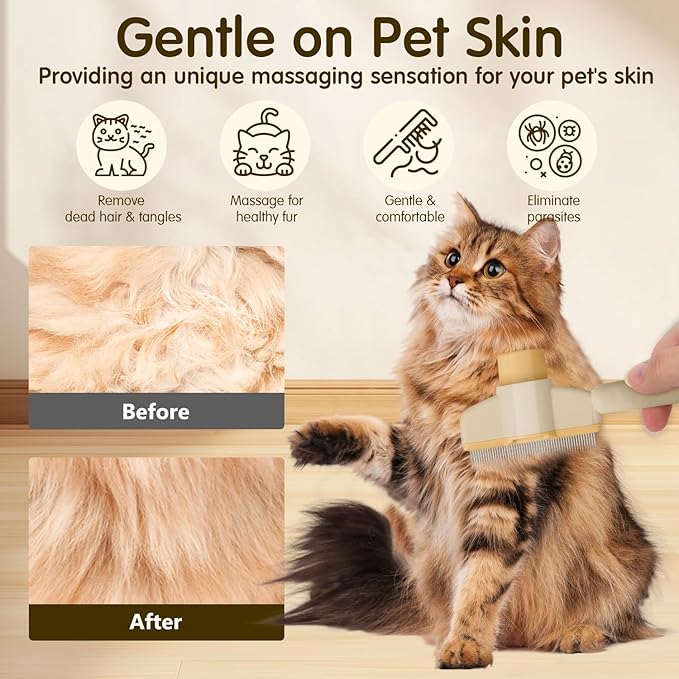 Pet Hair Removal Comb Flea Comb, New Cat Brush with Release Button Pet Hair Grooming Brush Supplies (YELLOW)