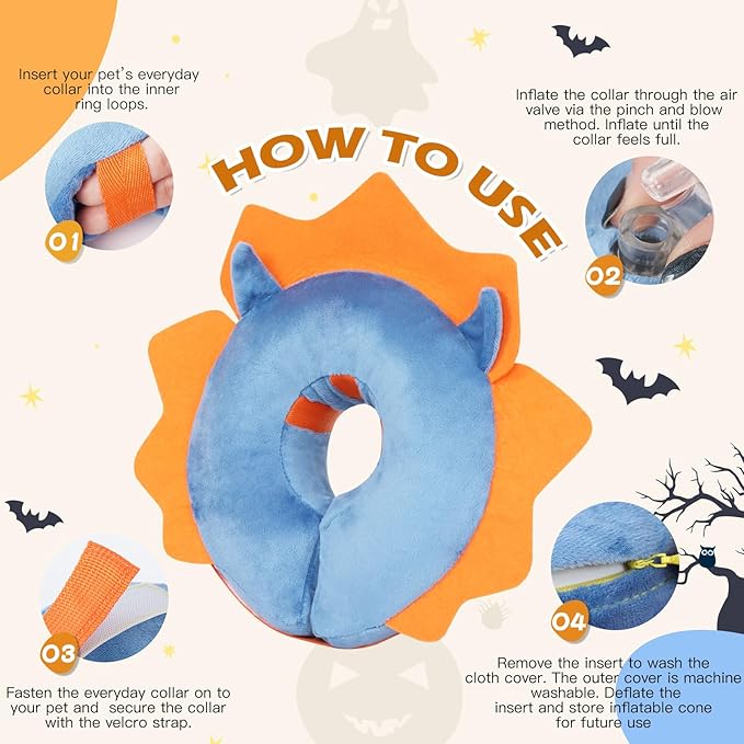 IEUUMLER Inflatable Recovery Dog Collar, Protective Donut Cone, Adjustable Soft Collar for Dog and Cat After Surgery Prevent from Biting & Scratching EU002 - Blue Demon M