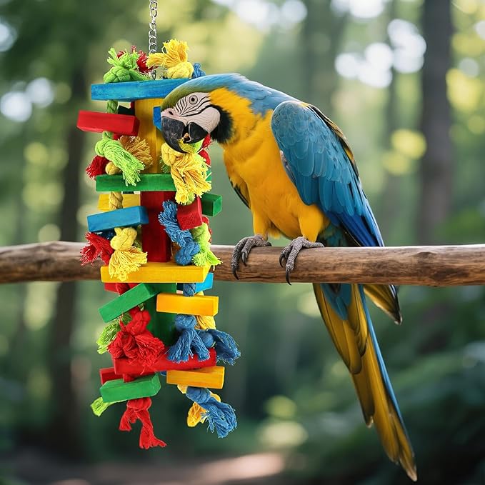 Bird Toys for Large Parrots - Macaw, African Grey, Cockatoo, Beak Exercise Chewing Toy with Colorful Wood Blocks & Ropes, Boredom Relief