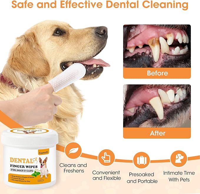 Dental Care Finger Wipes for Dogs & Cats, Reduces Plaque & Tartar, Freshens Breath, Pre-Soaked Pet Teeth Wipes, Easy to Use Disposable Oral Cleaning Pads,Mint Flavor,100pcs