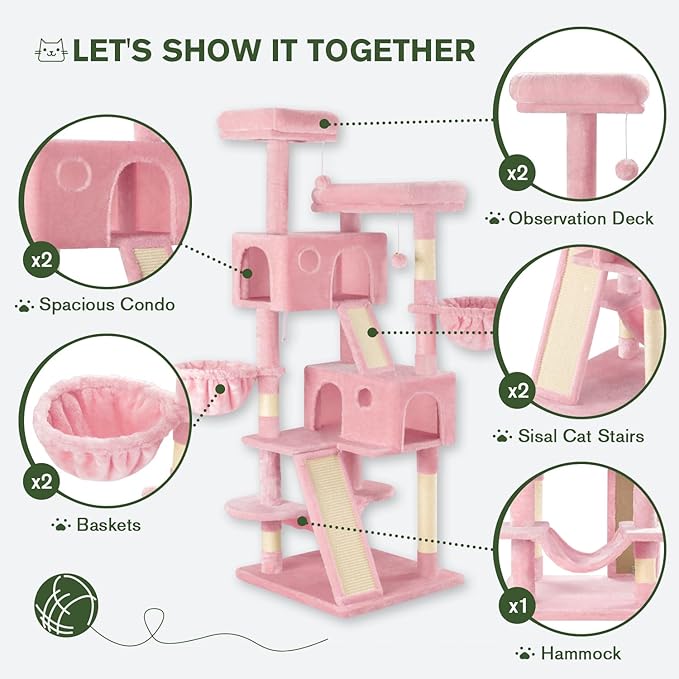 MUTICOR 66 Inches Multi-Level Large Cat Tree Tower for Indoor Big Feline/Cozy Plush Perches/Condo/Sisal Scratching Posts/Hammock and Baskets/Activity Center Play House/Wide Base/Pink