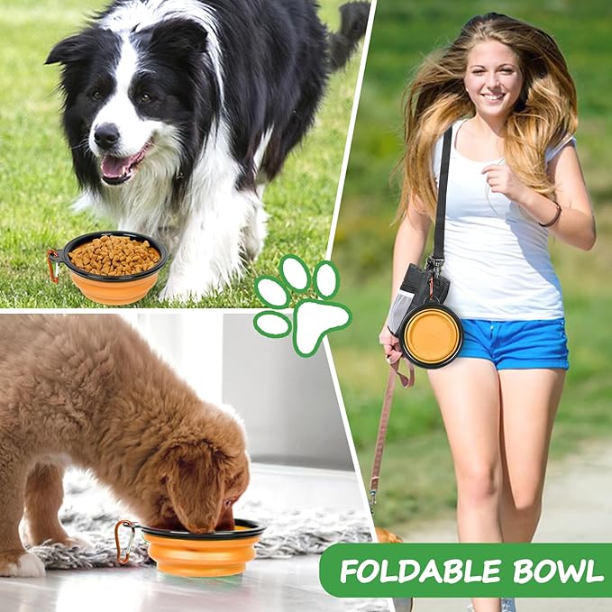 Dog Treat Pouch Pet Training Kit - Silicone Treat Bag Magnetic Closure, Puppy Training Clicker, Dog Whistle, Dog Water Bowls, Poop Bags & Holder, 4 Ways to Wear Walking Fanny Pack - Orange